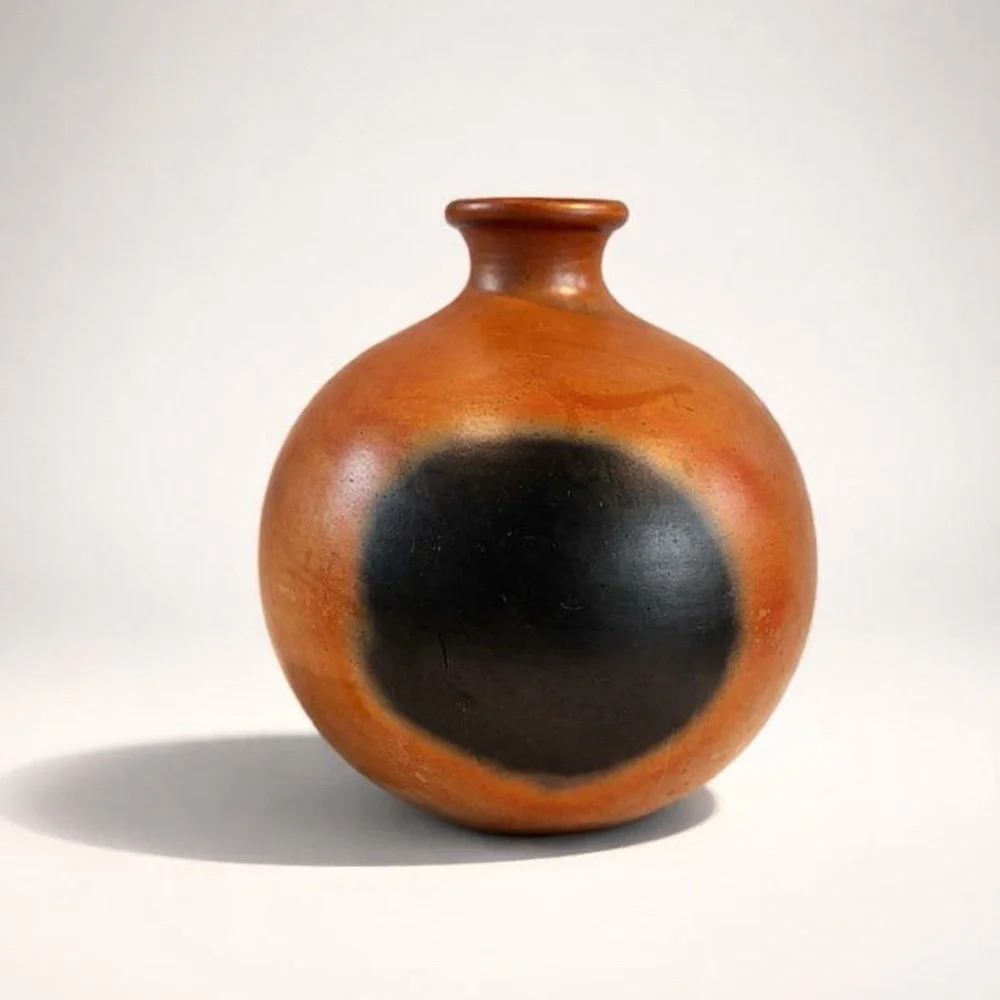VINTAGE 1980’s‎ TERRACOTTA ROUND ART BALL POTTERY VASE BLACK GLAZED CIRCLE BOHO